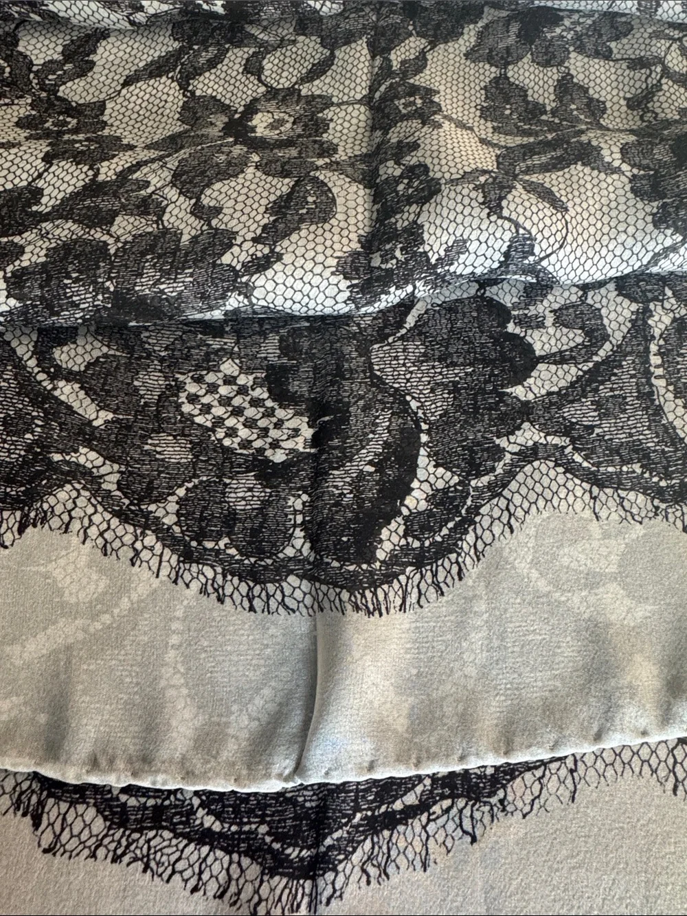 NWT Boutique Moschino Luxury Silk Scarf Black Gray Romantic Floral Lace Motif